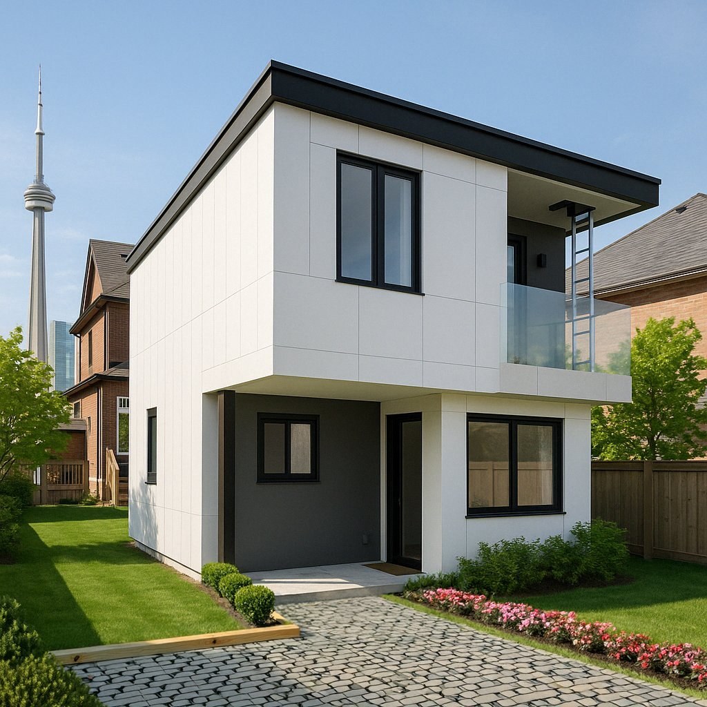 Modern two-storey laneway home with CN Tower in the background